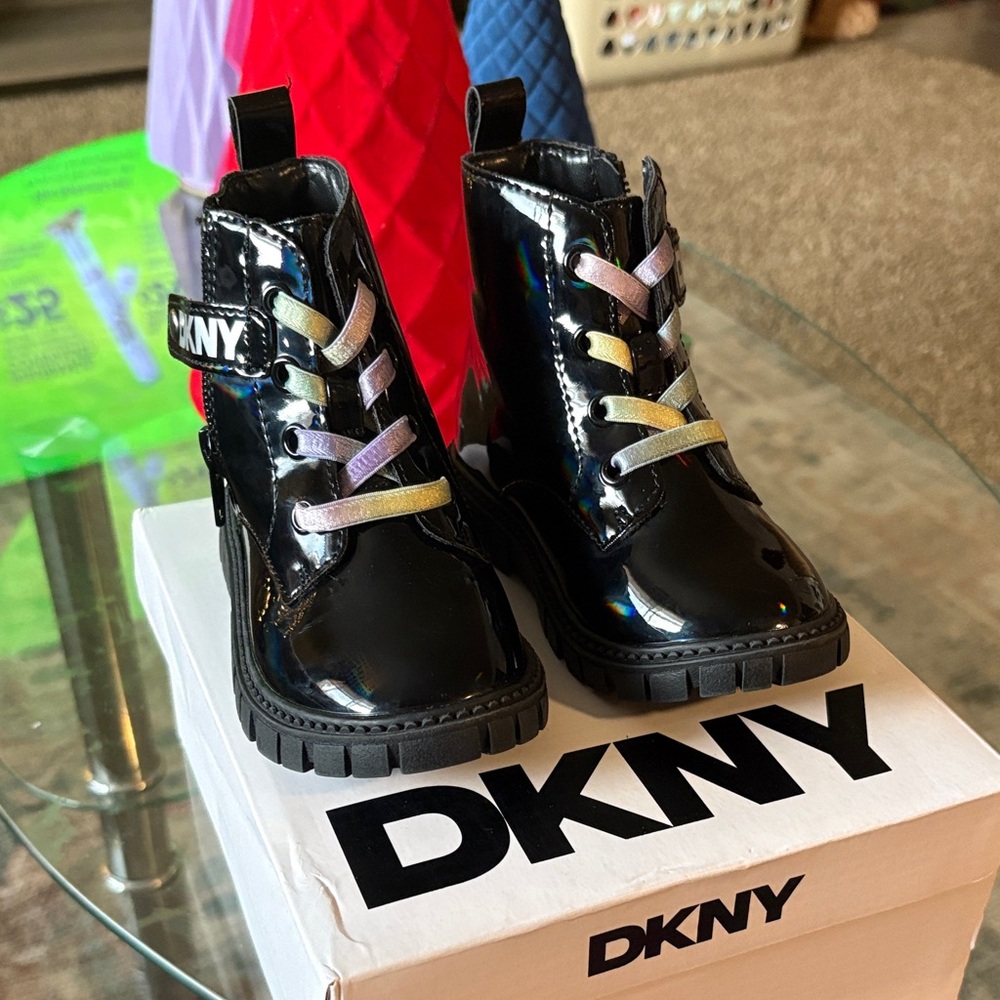 DKNY Kids Glossy Black Boots with Colorful Laces